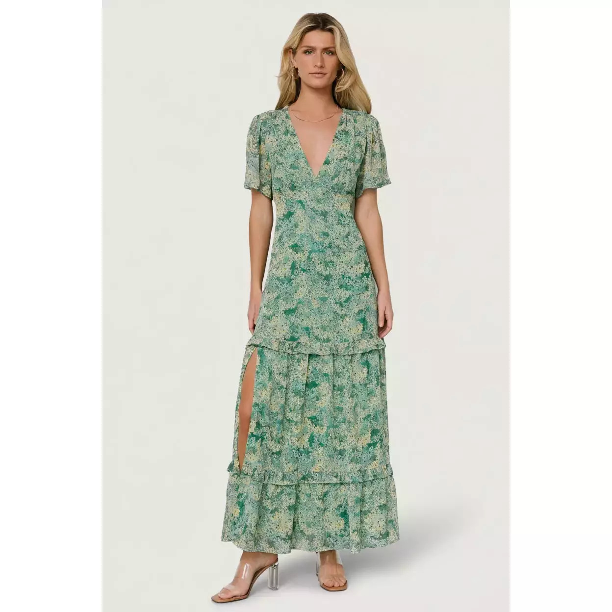 Baltic Born Audrey Deep V Maxi Dress | Green Floral Size Ss